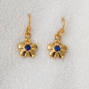 Gold Floral Drop Earrings Blue Crystal Center